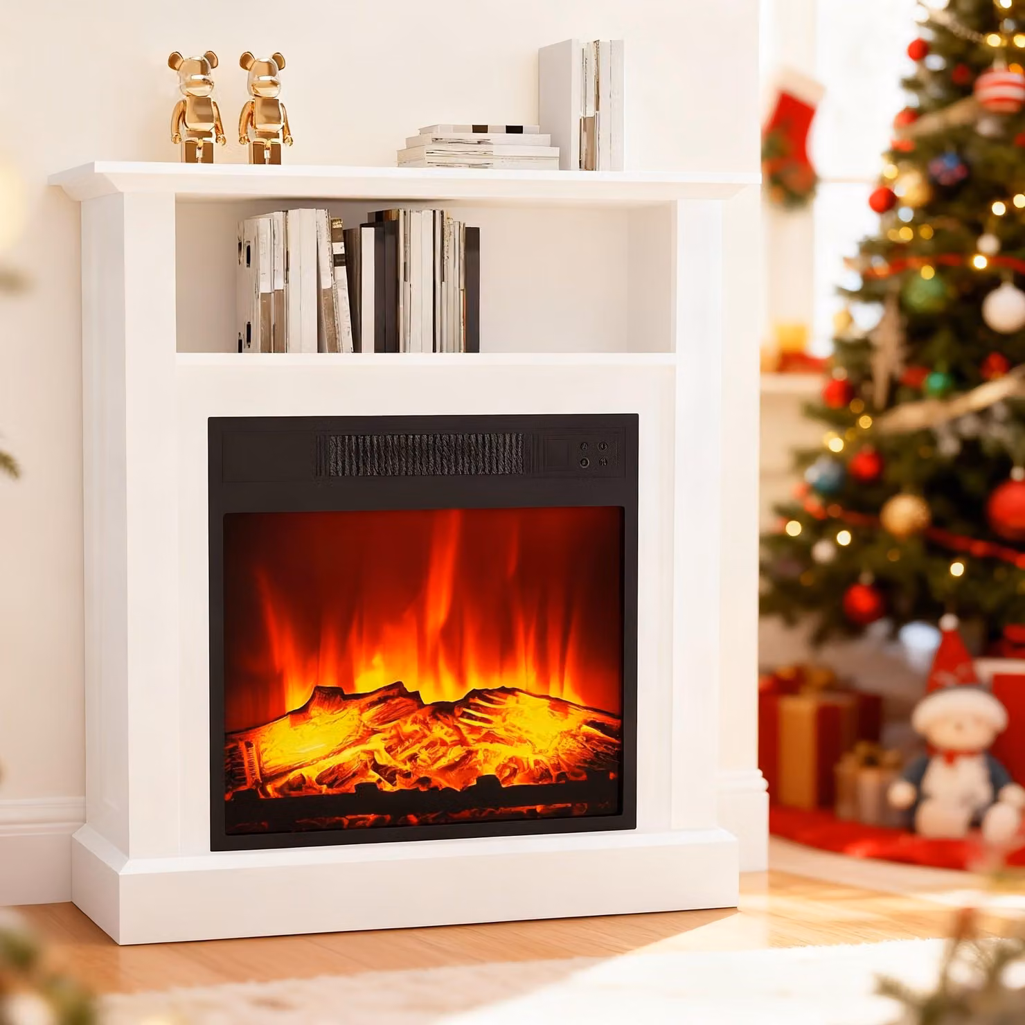 Camino elettrico - Camino freestanding - Riscaldatore d'ambiente - Tavolo da fuoco - Rivestimento per camino bianco - Fiamme 3D realistiche