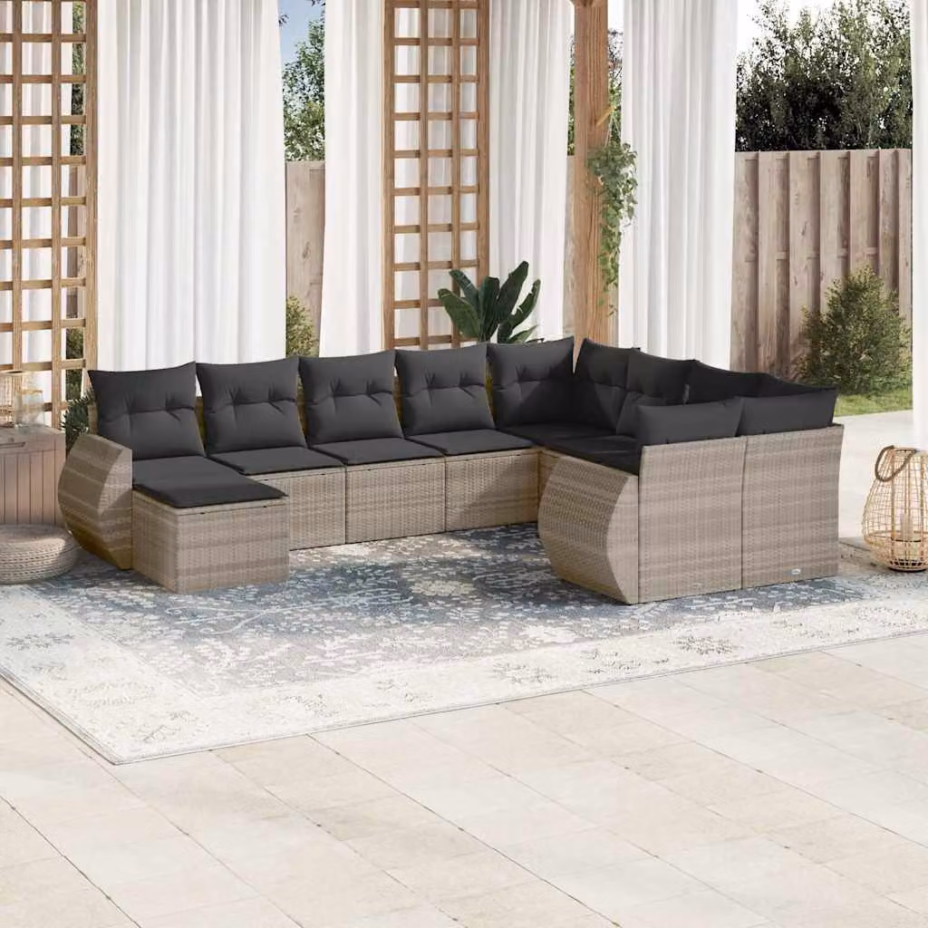 vidaXL Set Divano da Giardino 10 Pezzi in Polyrattan con Cuscini Grigio Chiaro