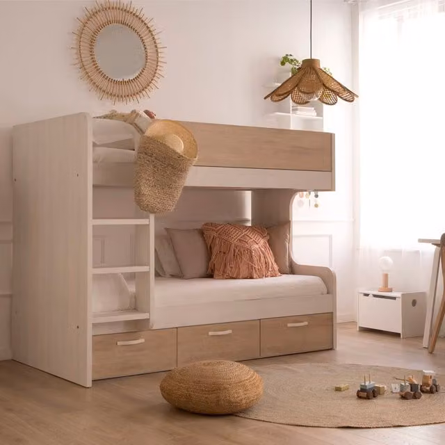 Letto a castello Hansel Banak per bambini con cassetti e scala a sinistra, disponibile in bianco, grigio o rosa, L/P/H: 90 x 190 cm