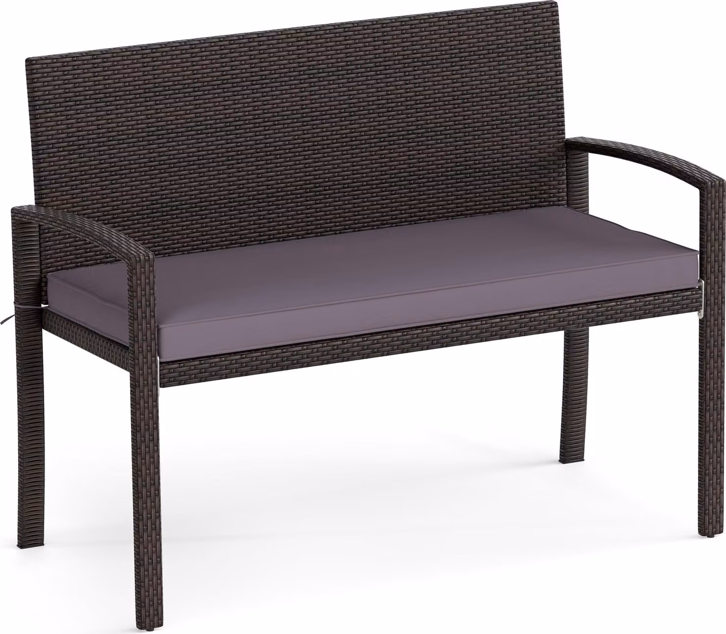 Panca in rattan per esterni, divano da patio per 2 persone con cuscino di seduta rimovibile, struttura in metallo, schienale e braccioli, mobili da salotto, marrone