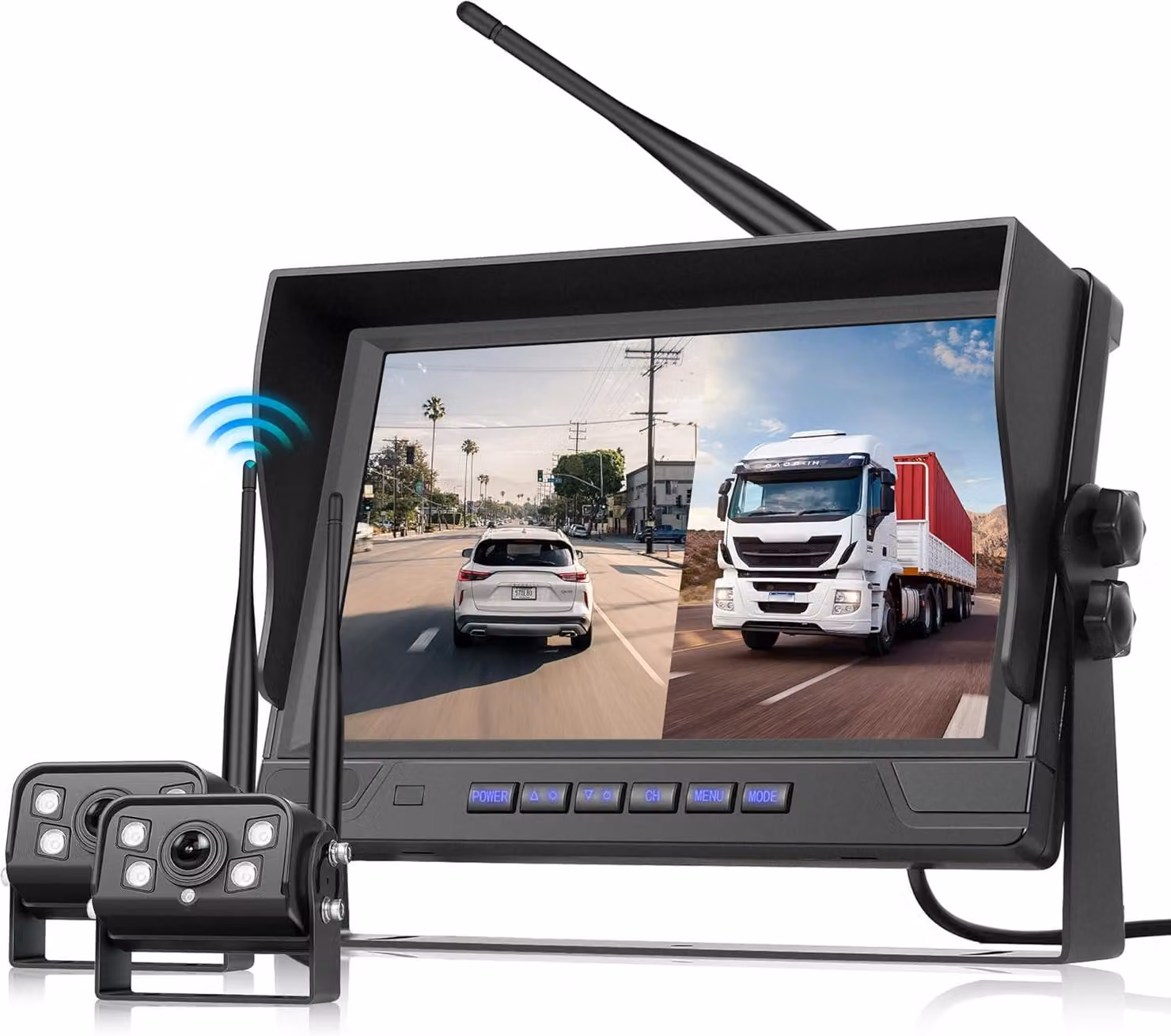 Telecamera di retromarcia digitale wireless, kit composto da 2 telecamere e monitor IPS da 9 pollici, telecamera di retromarcia impermeabile IP68, visione notturna, rotazione dell'immagine, sistema di rilevamento angolo cieco (BSD), registrazione continua