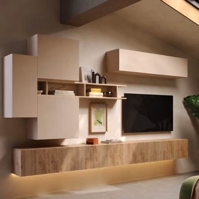 Parete Attrezzata Modulabile Calascio DMORA per Soggiorno in Legno Moderno, Colori Marrone, Bianco e Beige – 1