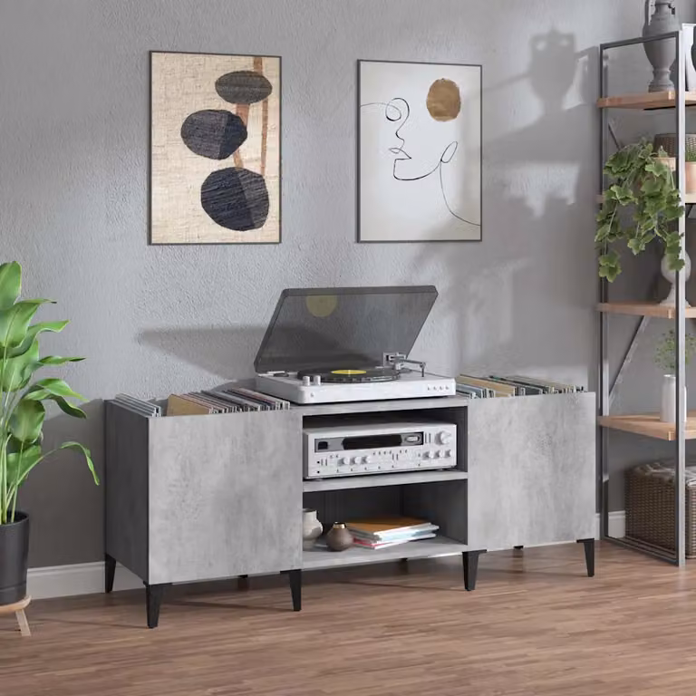 vidaXL Mobile Porta Dischi Grigio Cemento in Legno Multistrato L: 121 cm, P: 38 cm, H: 48 cm