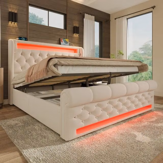 Letto imbottito 140x200 cm con contenitore idraulico e LED; velluto beige