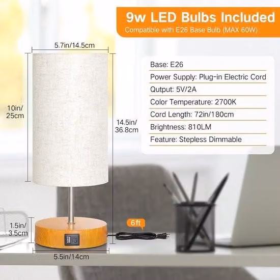 Lampada da comodino – Lampada da comodino, lampada da tavolo in legno con 3 livelli di regolazione dell'intensità luminosa e porte di ricarica USB-A+C – Lampade touch – Paralume in tessuto di lino – Piccola lampada da tavolo per camera da letto e soggiorn
