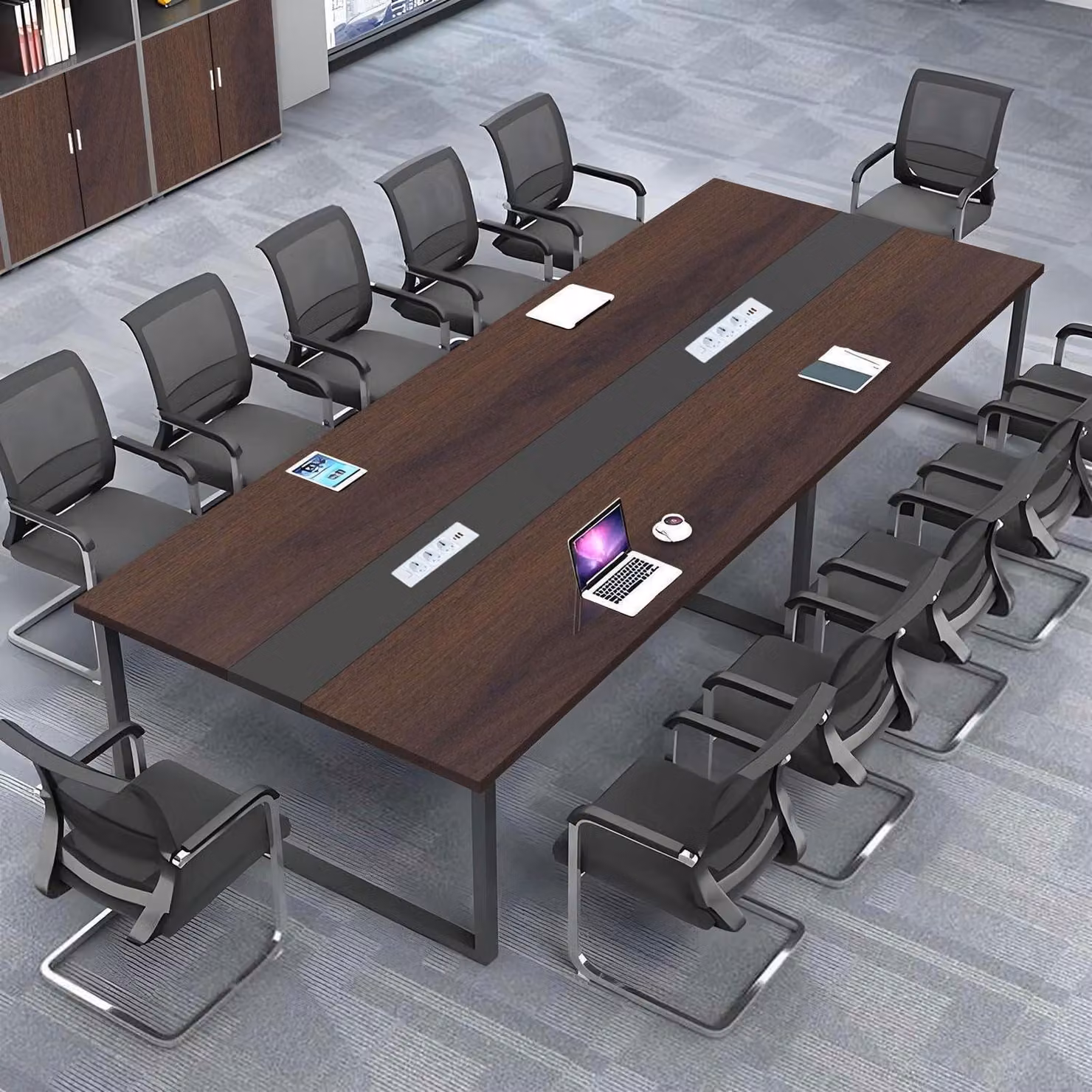 Tavolo da conferenza con sistema di gestione dei cavi, dimensioni 360x80x74 cm, design moderno, ideale per l'ufficio