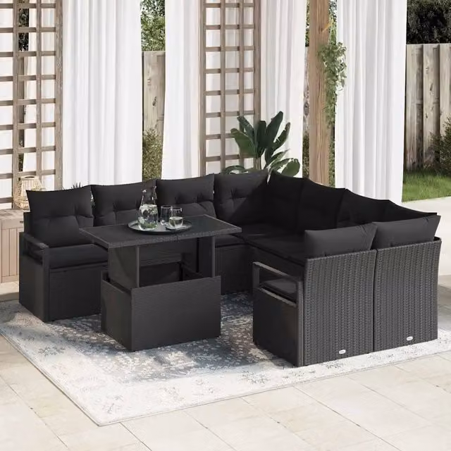 Set da giardino vidaXL a 9 pezzi con divano a L, poltrone e tavolino in rattan nero con struttura in acciaio e cuscini inclusi