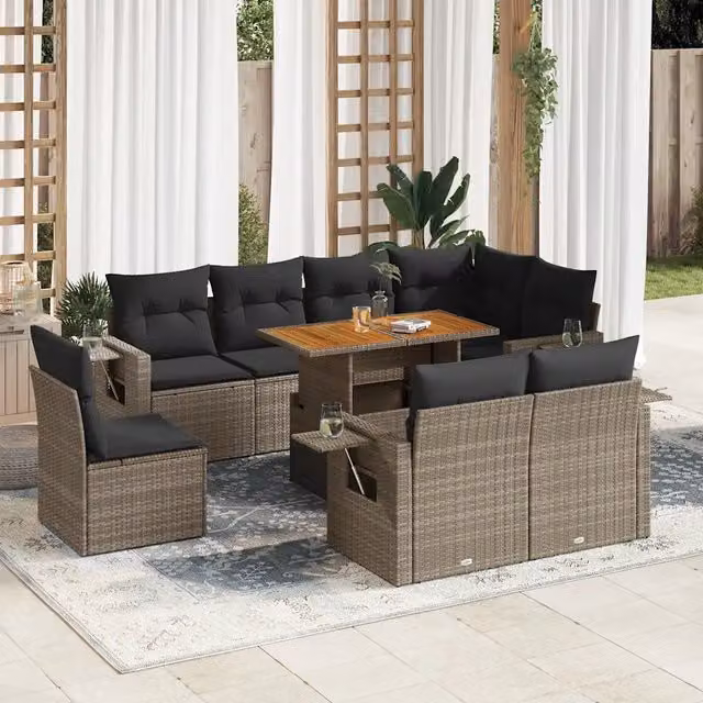 Set Divano da Giardino 9 pz con Cuscini Grigio in Polyrattan 3327168