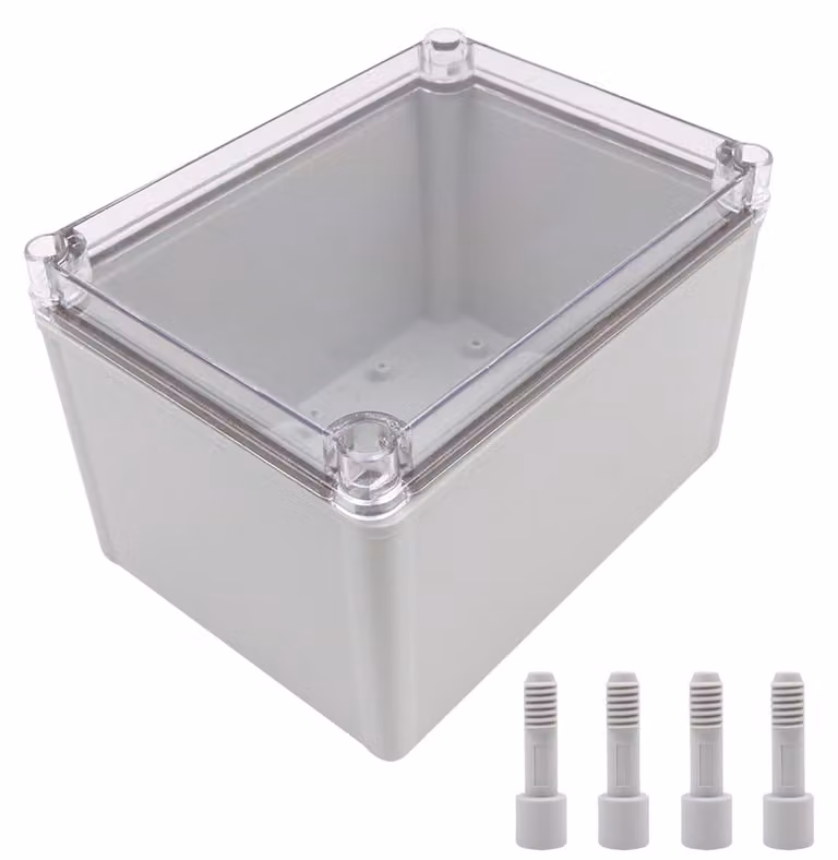 Scatola di derivazione impermeabile, dimensioni 150 x 200 x 130 mm, grado di protezione IP67, realizzata in plastica ABS trasparente