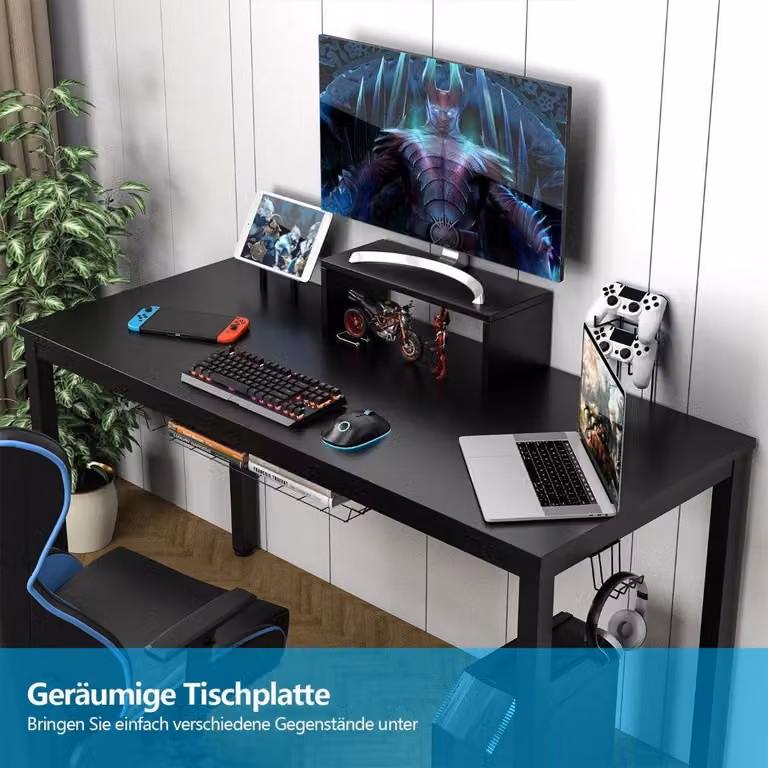 Tavolo da gioco 140 cm scrivania da gioco con ripiano per monitor 155 x 60 x 94 cm nero