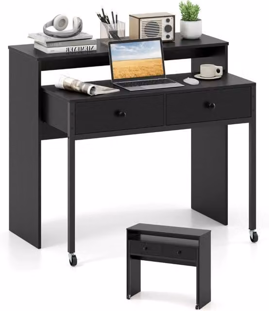 Scrivania per computer Design Mania estensibile con ruote in MDF e metallo, colore nero