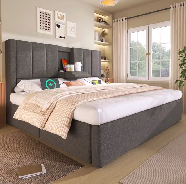 Letto imbottito 140x190 cm in lino grigio con contenitore, USB e portabicchieri