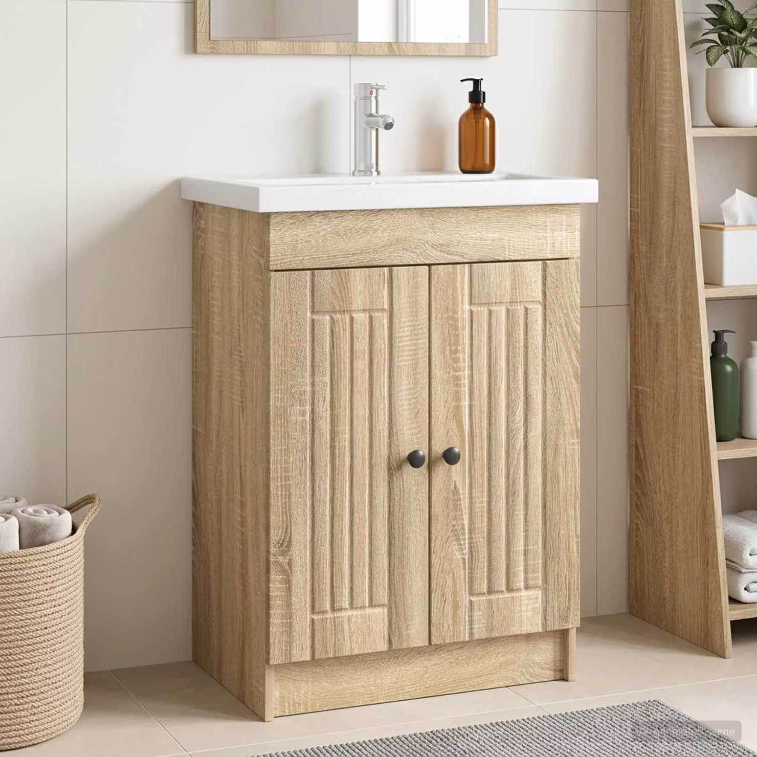 Mobiletto da bagno sotto il lavello vidaXL moderno in Rovere Sonoma marrone con ante a battente e ripiani interni H: 81,0 cm, L: 56,0 cm, P: 37,5 cm