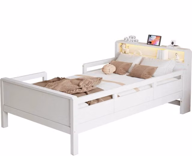 Letto singolo per bambini 90x200 cm con LED; USB e vano testiera in legno di pino bianco