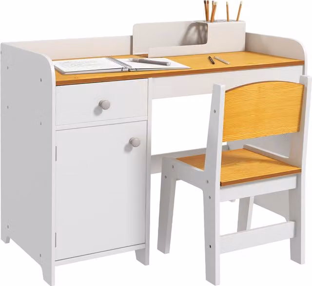 Set Tavolo e Sedie per Bambini ZONEKIZ in Legno e MDF con Cassetto e Armadietto, Design Moderno con Angoli Arrotondati, Bianco – 1