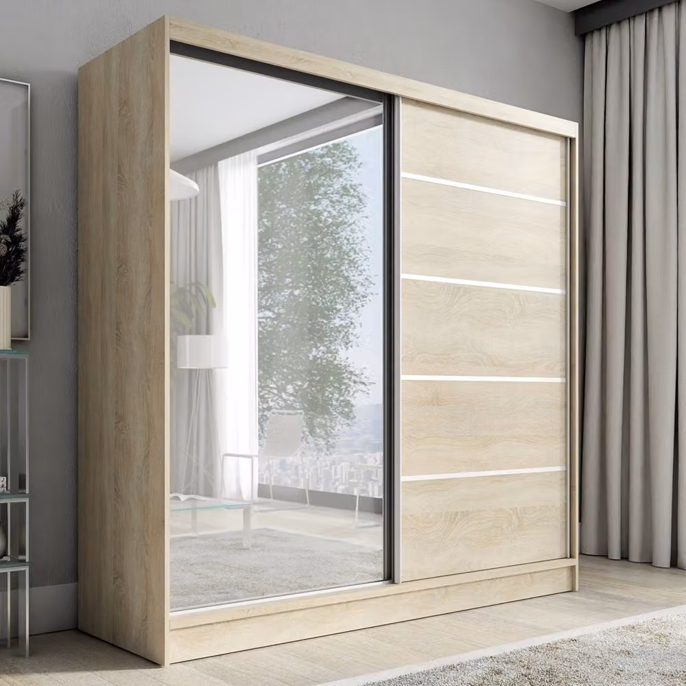 Armadio a porte scorrevoli, a 2 ante con specchio NERO 200 cm (marrone)