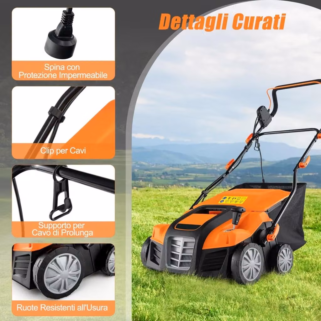 Costway Sarchiatore e Decespugliatore 2 In 1 per Prato Arancione e Verde con Regolazione Altezza e Profondità e Sacca di Raccolta da 55L – 2