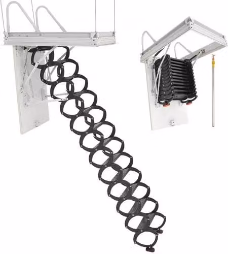 VEVOR Scala per Soffitta Pieghevole in Lega di Acciaio Bianca con Asta di Trazione, Capacità di Carico 299,4 kg, per Soffitti da 2,9 a 3,1 m