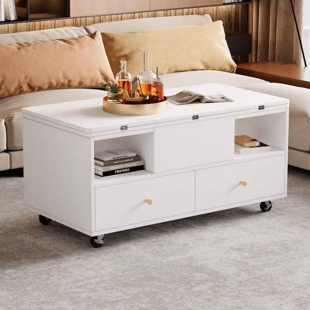 Tavolino da salotto elevabile e pieghevole; trasformabile in tavolo da pranzo; 4 cassetti; MDF bianco 100 x 50 cm