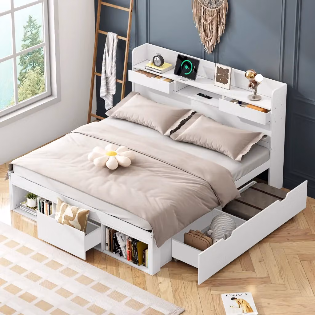 Letto matrimoniale Mivray in pino e MDF bianco con cassetti, armadio contenitore e porte USB e Type-C, L/P/H: 160 x 200 cm – 2