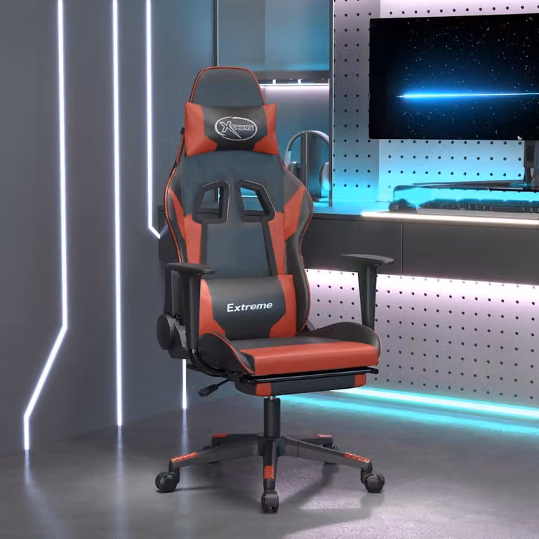 Sedia Gaming vidaXL con Massaggio e Poggiapiedi, Nero e Rosso Vino in Similpelle