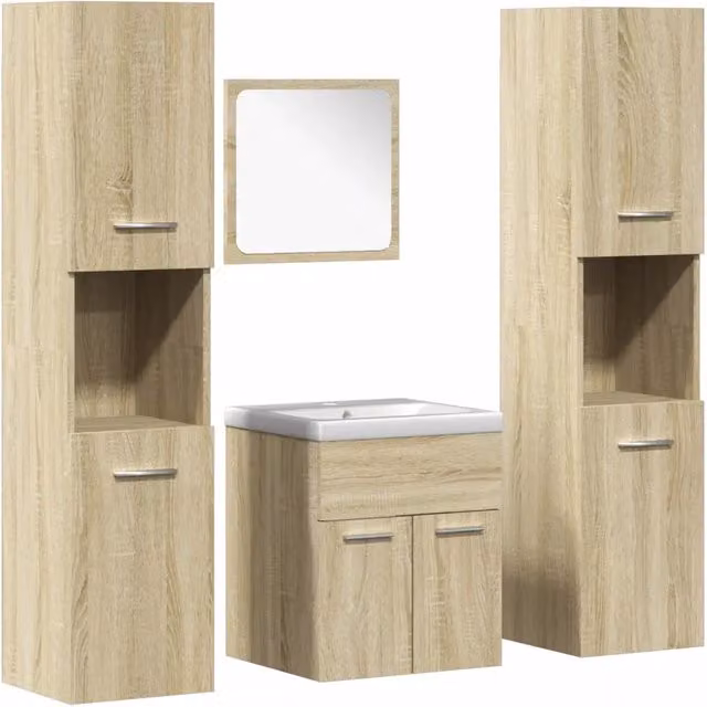 Set Mobili da Bagno Moderno con Mobile Lavabo e Pensile in Legno e Vetro, Colore Marrone e Bianco