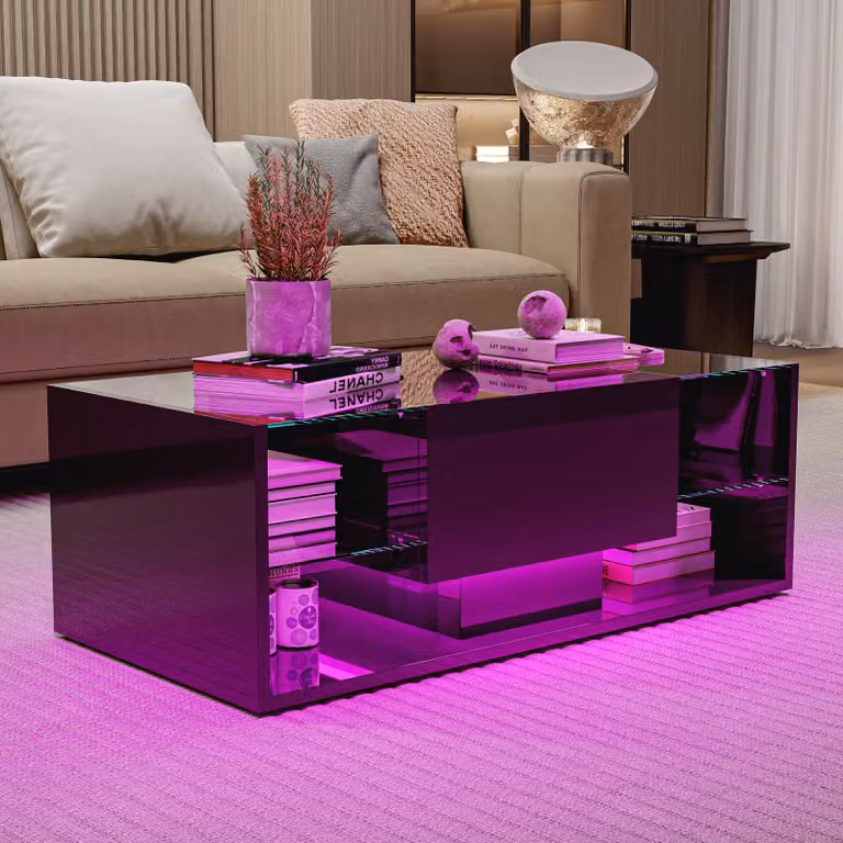 UnboxG Tavolino LED nero lucido, app e telecomando, ripiano, cassetto, stile nordico