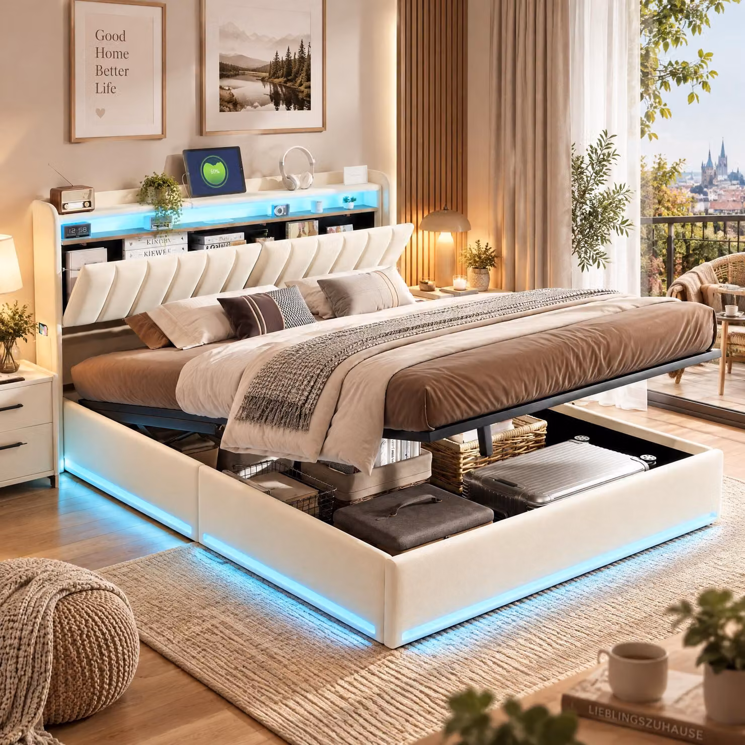 Letto imbottito 160x200 cm con contenitore, letto matrimoniale con illuminazione a LED, poggiatesta con spazio contenitore e prese USB, letto a molle con rete a listelli, rivestito in velluto, color beige (senza materasso)