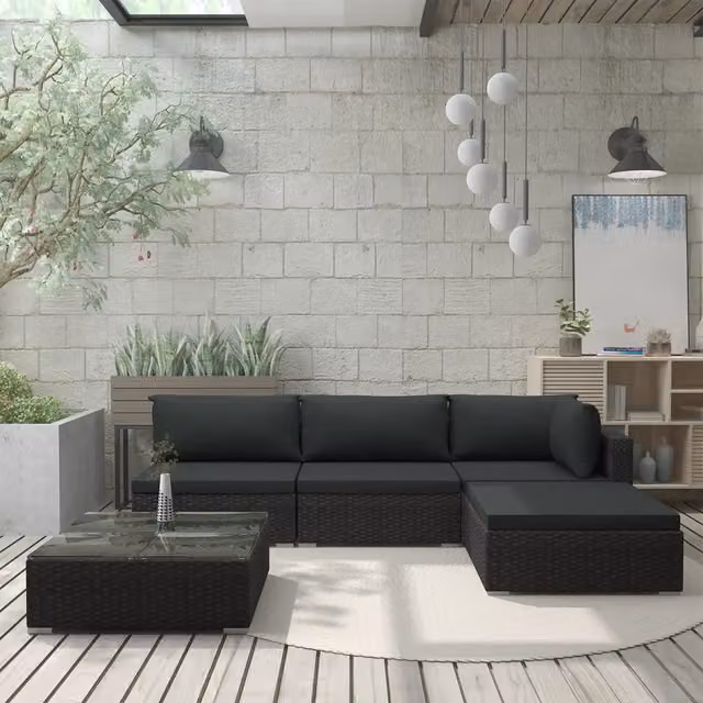Set Divani da Giardino 5 pz con Cuscini in Polyrattan Nero 46784