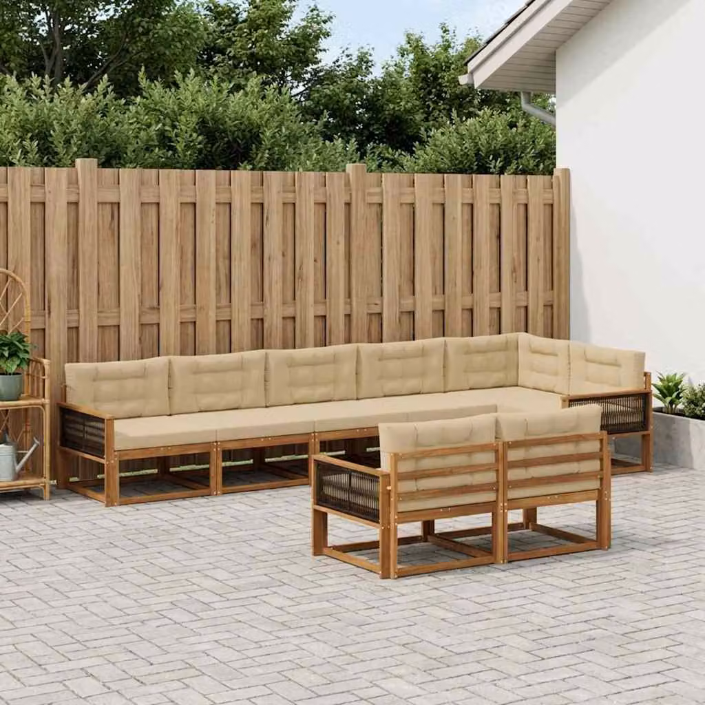 Set di divani da esterno vidaXL a forma di L composto da 8 pezzi in legno di acacia con cuscini beige e ottoman