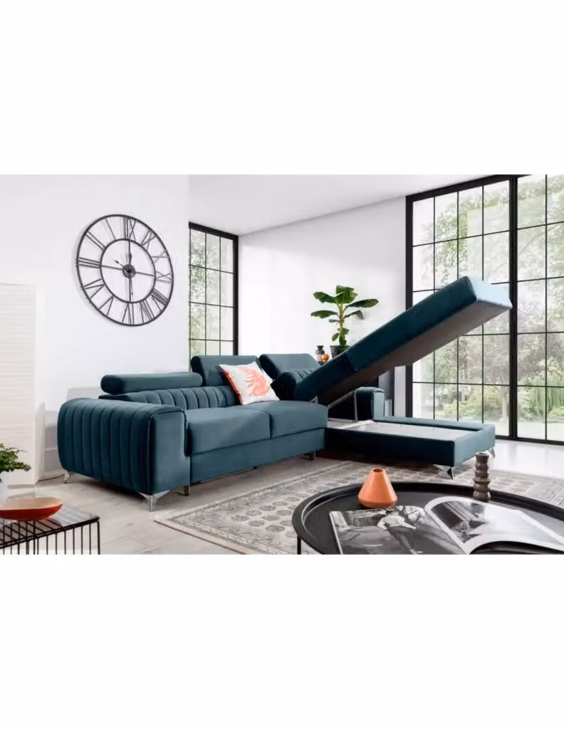 Divano ad angolo destro JAYSON MEUBLORAMA in velluto petrolio con funzione letto, poggiatesta regolabile e coperture rimovibili, L 278 x P 205 x H 92 cm – 2