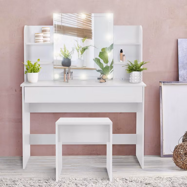 ECD Germany Tavolino da toilette bianco con sgabello imbottito, tavolo cosmetico con specchio, illuminazione LED, 1 cassetto e 4 scomparti, 108x40x140 cm, in legno MDF