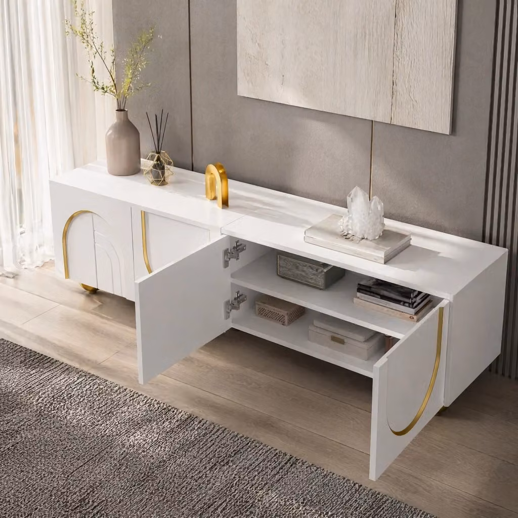 Mobile TV MIVRAY con quattro ante ad apertura push e ripiani interni, finitura lucida bianco e oro, L 170 cm x P 38 cm x H 44 cm – 2