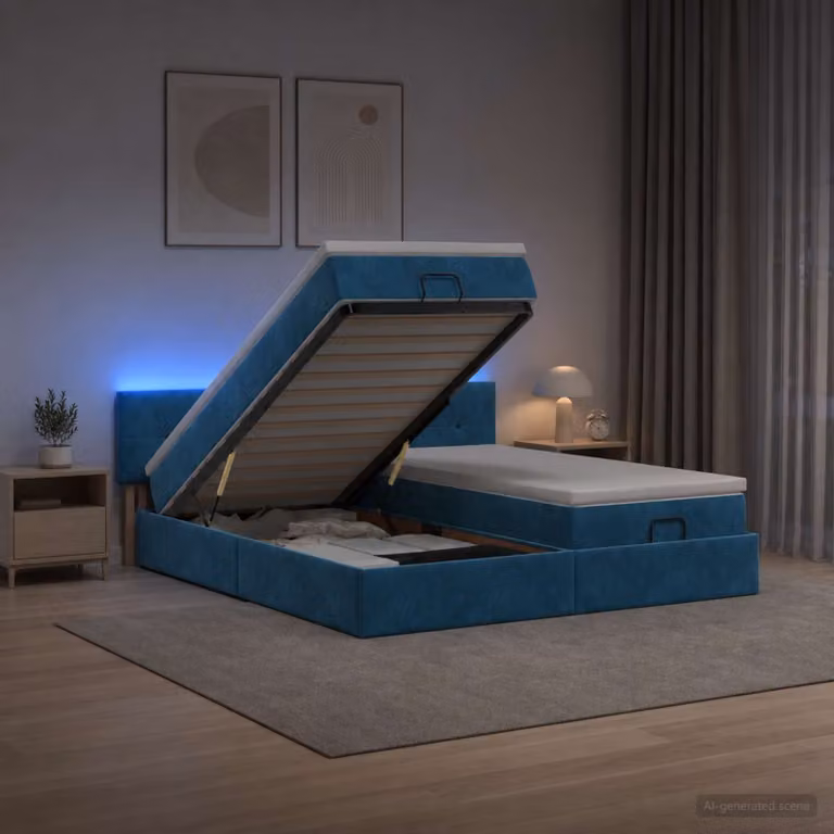 vidaXL Letto Ottomano con Materasso Ibrido e Illuminazione LED Blu Scuro L: 160 cm, P: 200 cm, H: 88 cm