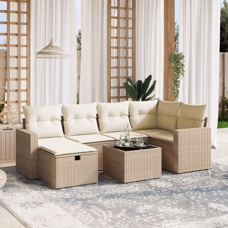 vidaXL Set Divani da Giardino 7 pz a Forma a L con Cuscini Beige e Tavolino in Polyrattan e Acciaio