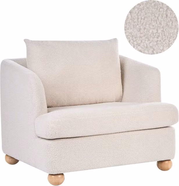 Poltrona bianco sporco rivestita in ciniglia con gambe rotonde in legno e braccioli per soggiorno, angolo lettura, stile moderno minimalista