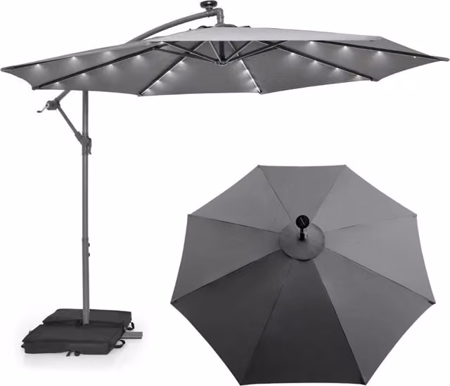 Ombrellone pendente da esterno con 32 luci LED e pannello solare DESIGN IN, Grigio scuro, Diametro: 300 cm