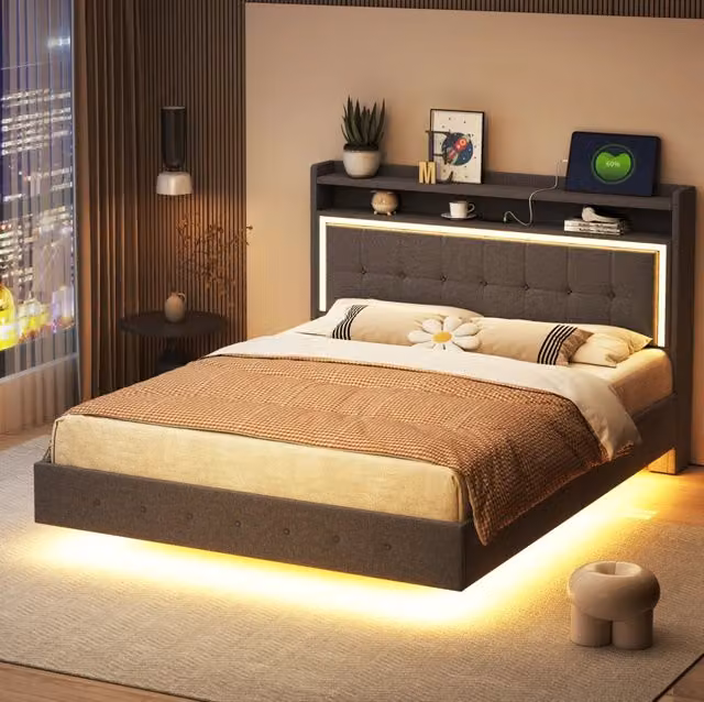 Letto imbottito 140 x 200 cm con LED e presa USB; tessuto effetto lino grigio