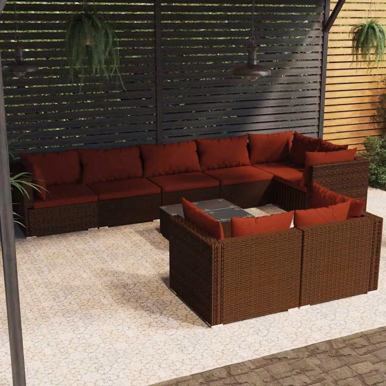 vidaXL Set Divani da Giardino 9 pz a forma di U con Cuscini e Tavolino, Polyrattan Marrone e Rosso con Struttura in Acciaio e Coperture Rimovibili