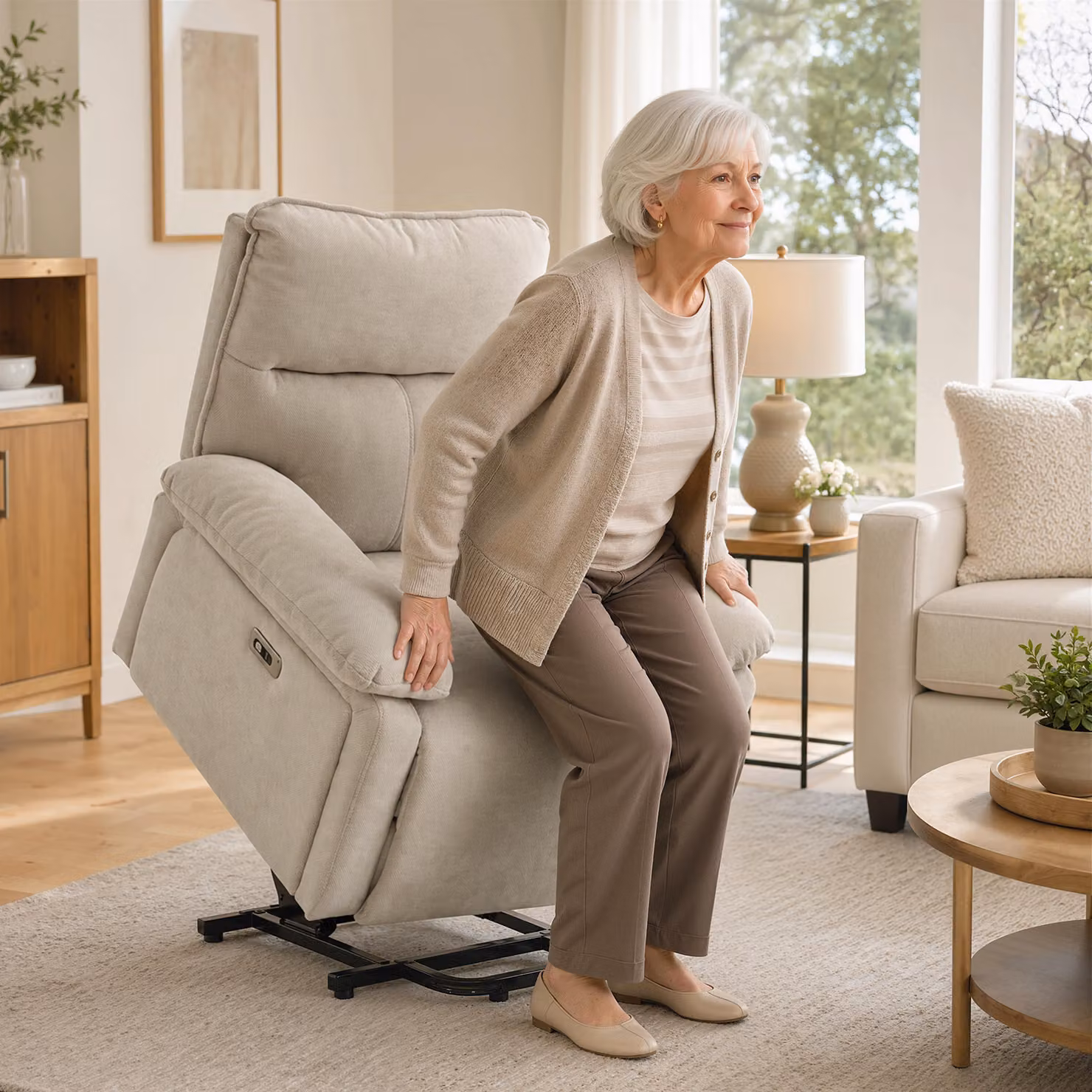 Poltrona Relax Alzapersona HOMCOM con Massaggio e Riscaldamento per Anziani, Bianco Crema – 2