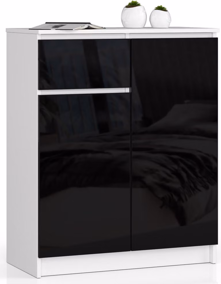 Akord Mobile Contenitore 2 Ante 1 Cassetto Bianco/Nero Lucido 80X40X99 Cm
