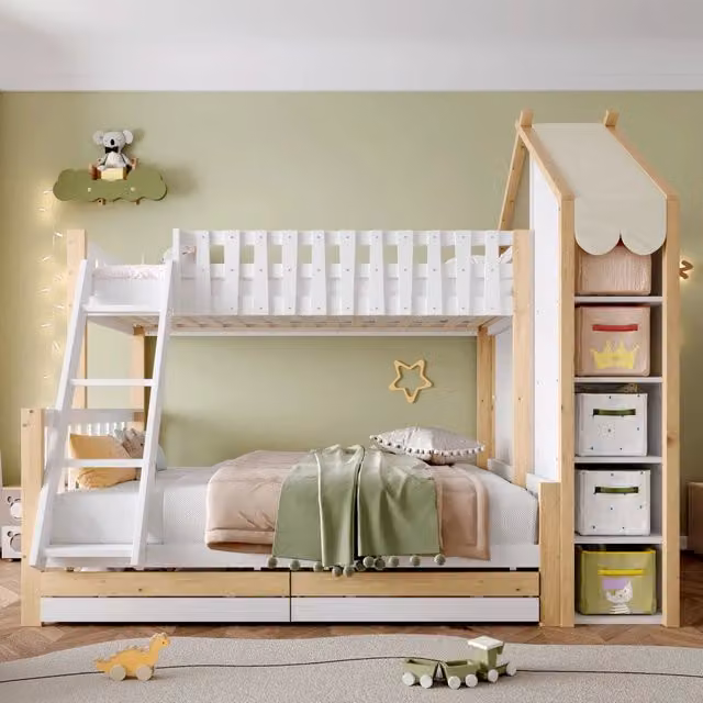 Letto a castello Mivray per bambini in legno e MDF bianco con scala, ripiani e 2 cassetti, dimensioni 90 x 200 cm