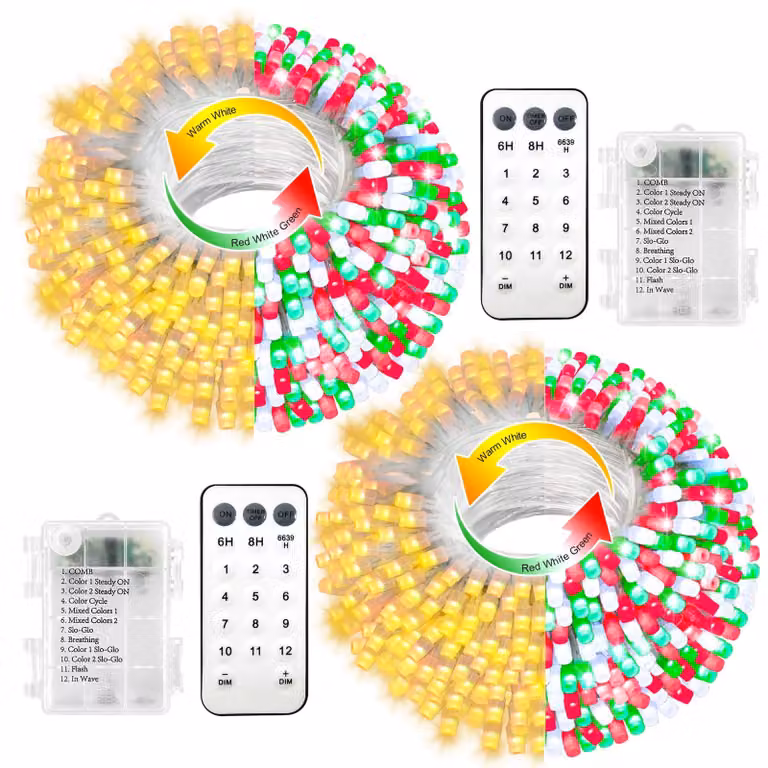 Catena luminosa da 20 metri, 200 LED, con luci rosse, bianche e verdi, e luci bianche calde, alimentata a batteria