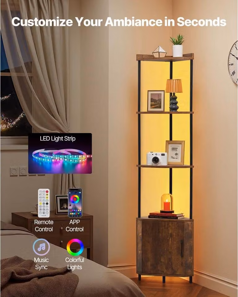 Scaffale angolare con 5 livelli e luce LED - Supporto angolare con porte e struttura in metallo - Scaffale espositivo Scaffale di stoccaggio con ripiani in legno - Scaffale in piedi Scaffale espositivo per camera da letto Soggiorno Ufficio - Marrone