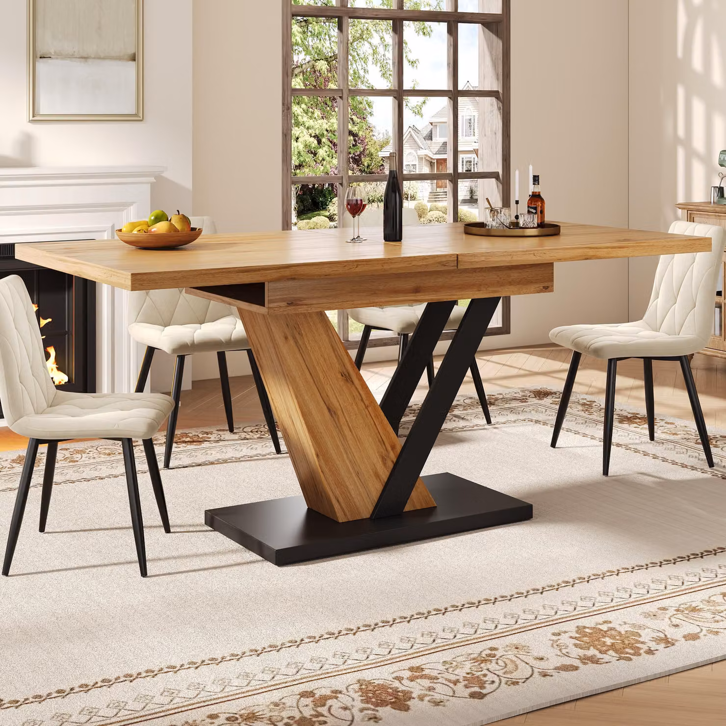 Tavolo da pranzo allungabile Flieks, tavolo allungabile da 120 a 160 cm, tavolo da pranzo con motivo marmorizzato nero, tavolo per sala da pranzo e soggiorno, finitura in legno