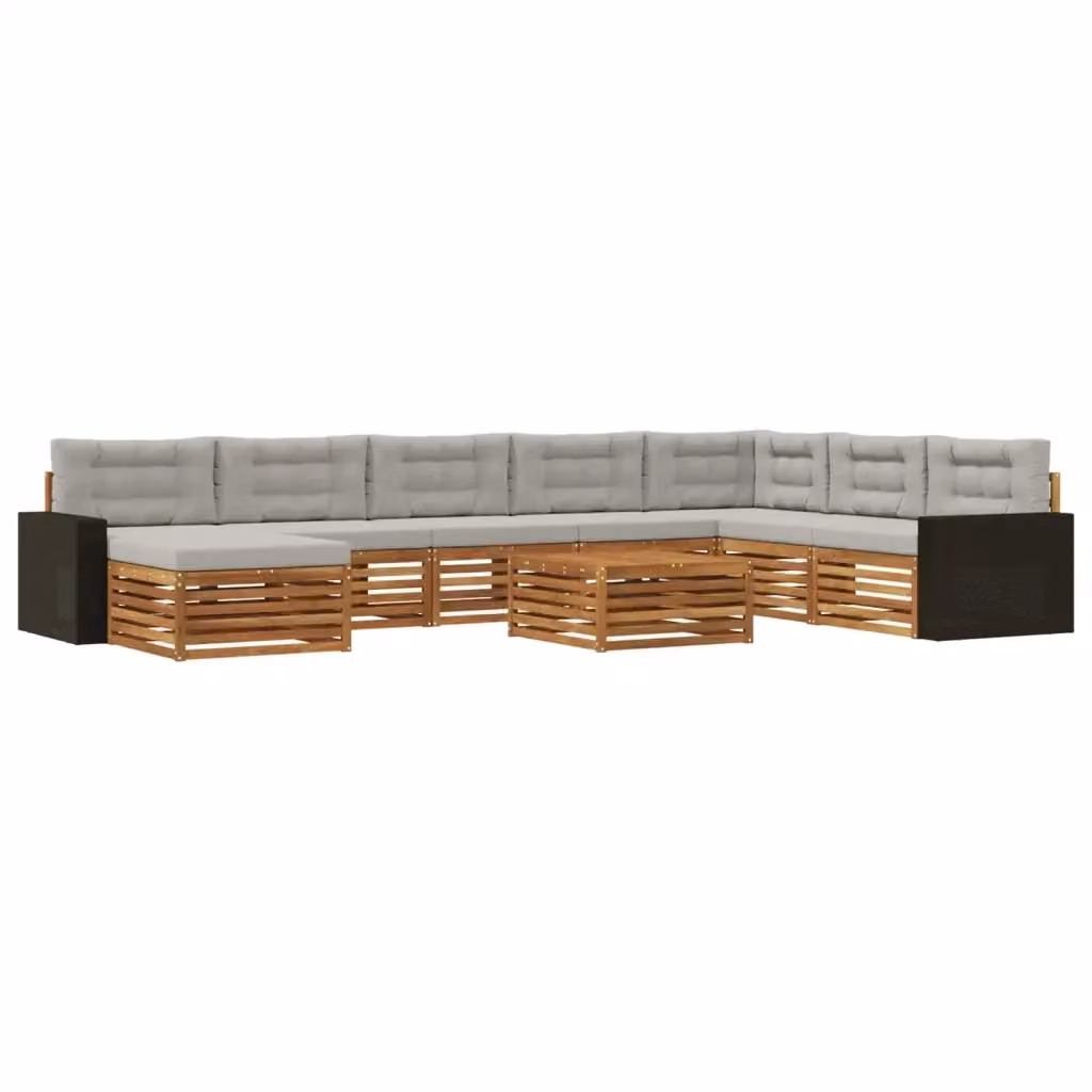 Set di divani da esterno a forma di U vidaXL in legno di acacia con tavolino e pouf, 9 pezzi, Marrone e Grigio – 2