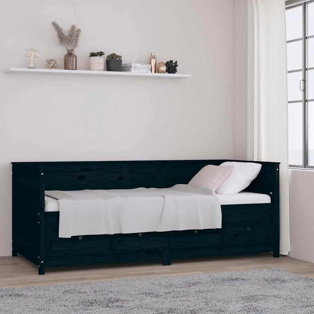 vidaXL Letto Singolo Nera in Legno Massello di Pino con Cassetti L/P/H: 200 x 90 x 80 cm – 1