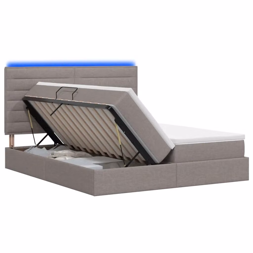 Letto con contenitore e illuminazione LED vidaXL, rivestimento in tessuto beige o grigio, L: 180 cm, P: 200 cm, H: 140 cm – 2