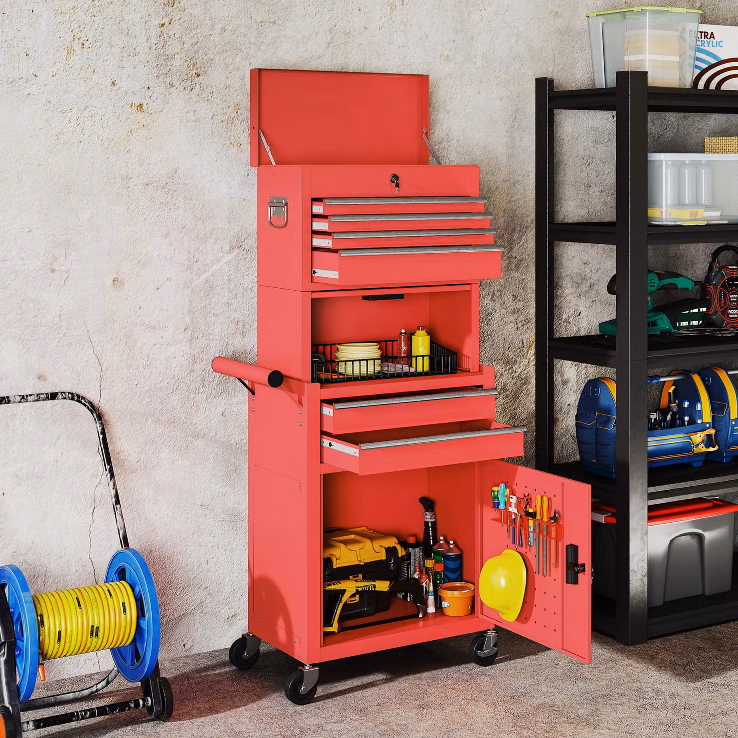 Carrello Porta Attrezzi HOMCOM in Acciaio con Serratura, 6 Cassetti, 2 Armadi, Pannello Forato, Ruote e Maniglia, Rosso – 2