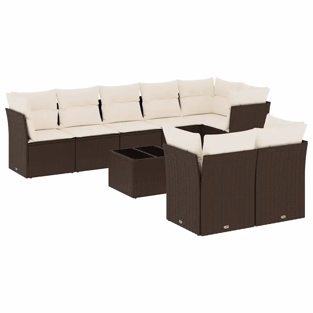 Set di divani da giardino vidaXL a forma di U composto da 9 pezzi con cuscini e tavolino da esterno in polyrattan marrone e bianco – 2
